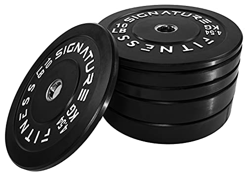 Signature Fitness 2" Olympic Bumper Plate Weight Plates with Steel Hub, 160LB Set (2X 10/25/45LB), Black, with 7FT Olympic Barbell (Chrome)