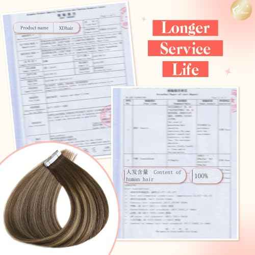XDhair Tape in Hair Extensions Human Hair 20pcs 50g Balayage Chocolate Brown to Caramel Blonde with Chocolate Brown Roots Invisible Tape in Extensions for Women(14, #4/27/4)