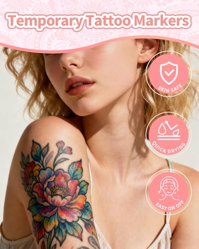 Temporary Tattoo Markers, 15 Dual-End Colors with 62 Stencils