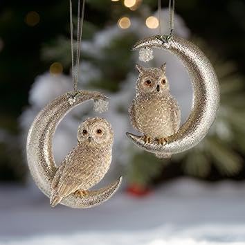 The Bridge Collection Owl Perched on Moon Ornaments- Set of 2 Birds on Crecent Moons - Animal Christmas Ornaments - Lunar Owls Ornaments