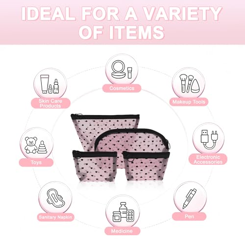 Pink Mesh Makeup Bag Set - 4 Pcs Heart Print Clear Cosmetic Organizer, Travel & Toiletry Bags