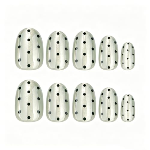 UZJXQ Short Oval Metallic Green Black Polka Dot Press-On Nails - Style-4, Reusable