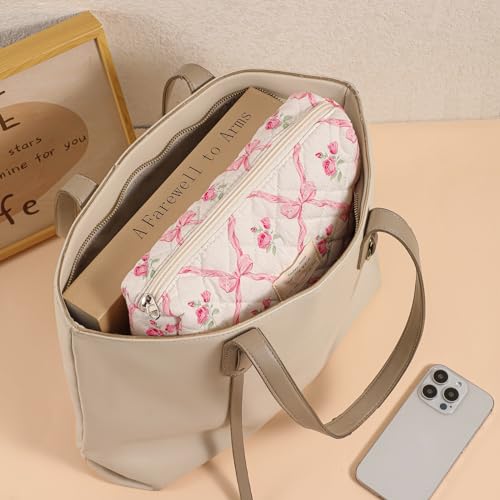 3Pcs Large Quilted Makeup Bag for Women and Girls, Cute Coquette Floral Cotton Cosmetic Bag, Aesthetic Travel Organized Toiletry Bags (3Pcs Pink Bows)