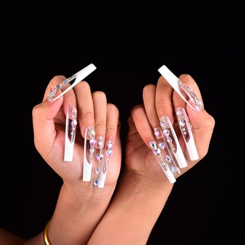Tmani 10pc/set Extra Long Handmade Press On Nail Hot Girl's Long Ballet Nails Square Nail Full of Diamond Glitter Decoration Fake Nails Suitable For Girls Festival Parties and Birthday Gift (138,M)