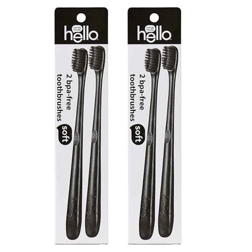 hello Soft Bristle Adult Charcoal Toothbrush Pack, BPA-Free Soft Toothbrushes with Charcoal Infused Bristles, Gentle on Gums and Teeth, Ergonomic Handle Made with Plant-Based Materials, Black, 4 Pack