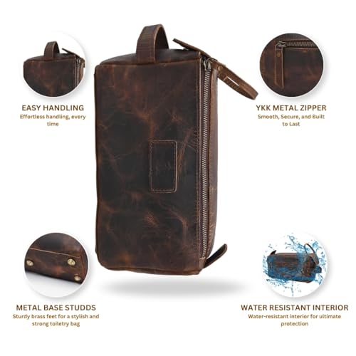 Genuine Buffalo Leather Toiletry Bag Handmade Vintage Distressed Dopp Kit Waterproof Travel Shaving & Cosmetic Organizer Unisex Small