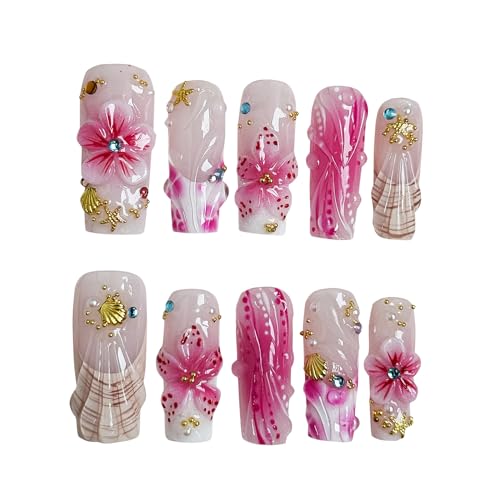 Pink Summer Floral Press On Nails 10pcs, 3D Flower Tropical Beach Nail Set with Gold Shells Rhinestones, Pastel Gradient Mermaid Fake Nails for Women, Acrylic UV Gel Wearable Nails (Pink, S)