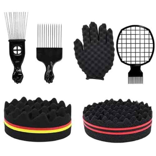 Hair Sponge Set,Afro Brush, Magic Curl Glove, Metal Pick Comb, and Twist Comb for Hairstyling (Black-6Pcs)