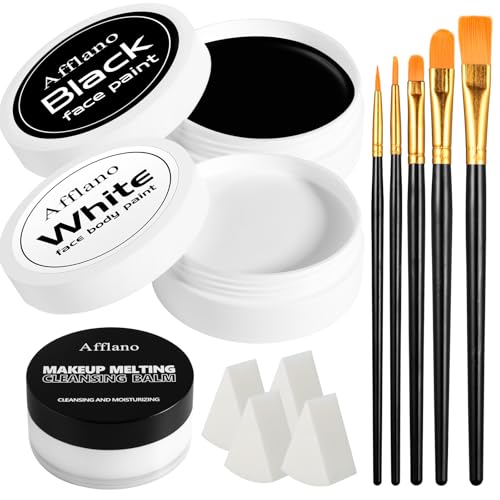 Black & White Face Paint Kit ? Large 50g Oil-Based Grease Makeup Jars with Remover, 5 Brushes & 4 Sponges ? Halloween, Cosplay & Stage SFX Makeup Set