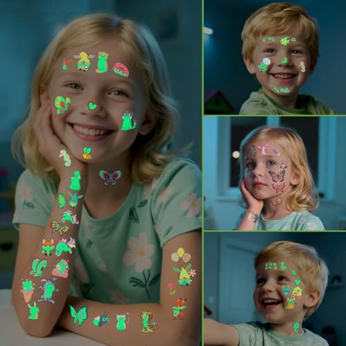 Awinmay 400 Pcs Kids Luminous Temporary Tattoos - 30 Sheets, Glow in Dark Fun