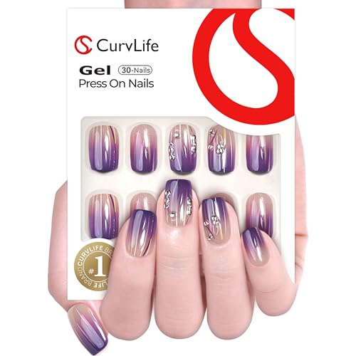 CurvLife Medium Square Soft Gel Press On Nails - Purple Chrome Lines Kit