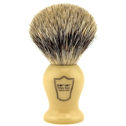 Parker 3-Band Pure Badger Bristle Shaving Brush ? Faux Ivory Handle, Classic Wet Shave Brush for Lathering Shaving Soaps & Creams with Bladed Razors