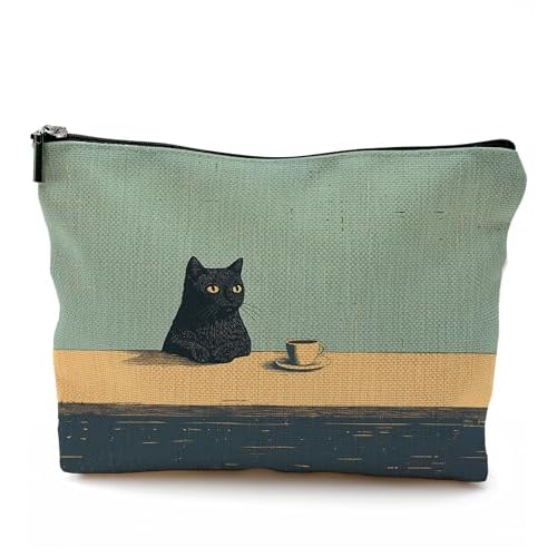 Black Cat Makeup Bag, Cat Cosmetic Bags for Women, Cats Lover Mom Lady Gifts for Women, Vintage Coffee Black Kitten Zipper Makeup Pouch