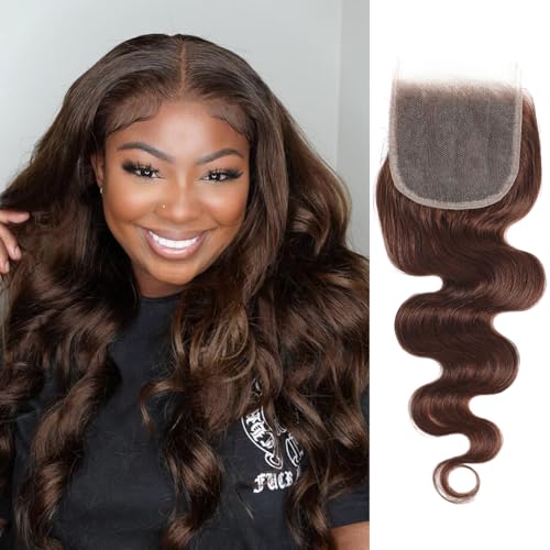 ALHER Color #4 Chocolate Brown Body Wave 4x4 Closure 12A Wavy Free Part Melt 4x4 Lace Closure 100% Virgin Remy Human Hair Brown Color Pre Plucked With Baby Hair Closure 16 Inch