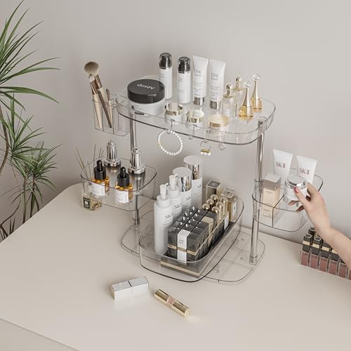 Clear Acrylic Makeup Organizer, Multi-Tier Cosmetic Storage Rack with Side Containers, Large Capacity Skincare Holder for Bathroom Counter, Vanity & Desk