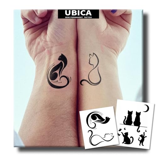 Semi Permanent Tattoos, 2 Sheets Tiny Realistic Temporary Tattoos for Women Men Arm, Fake Tattoo for Party, Waterproof No Reflective, Lasts 2 Weeks (Minimalist Cat & Cute Moonlit Cat Group)