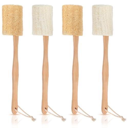 Bokon 4 Pack Natural Exfoliating Loofah Bath Back Brush Loofah Back Scrubber Long Handle for Shower Exfoliating Body Scrubber Luffa Sponge on a Stick for Men and Women, Cleans Hard to Reach Areas