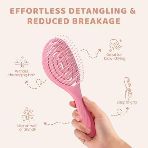SHINLEA Pink Detangling Hair Brush for All Hair Types, Wet & Dry, Spiral Design