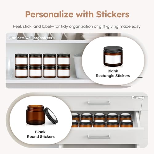 2 oz Amber Glass Jars with Black Lids, 6 Pack