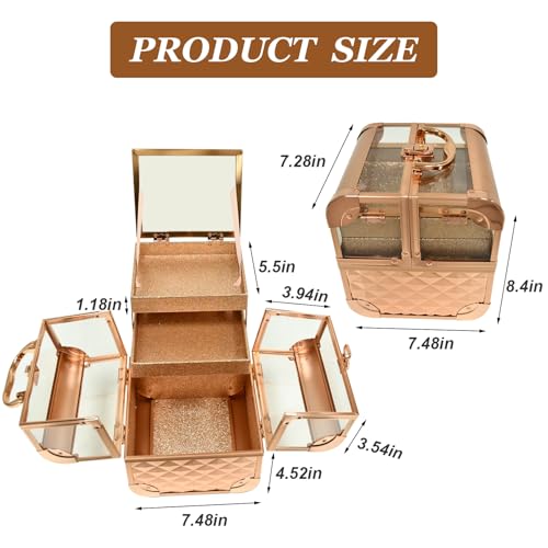 VETALLO Travel Makeup Case Organizer, Protable Cosmetic Case Storage with 2 Trays Mirror,Makeup Train Case Organizer,Make Up Box,Makeup Train Case for Nail Jewellery Vanity Storage Case
