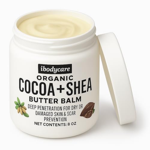 Organic Raw Shea Butter Cocoa Butter Body Balm with Coconut Oil, 8 oz Unrefined Natural Body Butter Blend for Women, Men, Kids, and All Skin Types