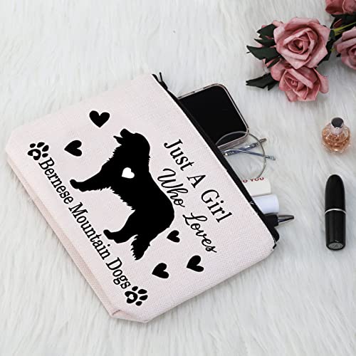 G2TUP Bernese Mountain Dog Lover Gift Who Loves Bernese Mountain Dogs Makeup Bag Bernese Mountain Mom Cosmetic Bag Dog Mama Travel Bag (Just a Girl Who Loves Bernese White Bag)