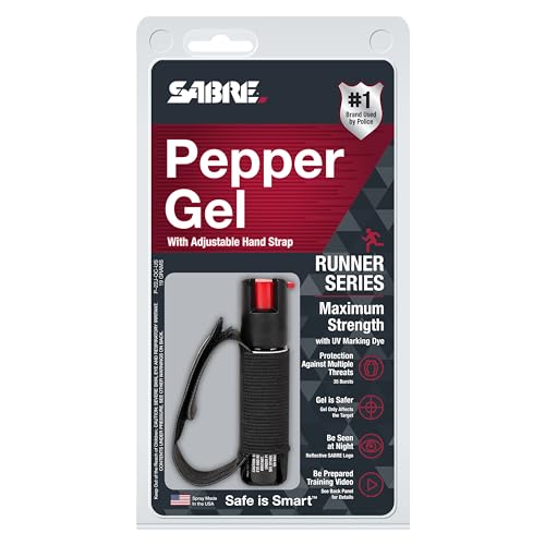 SABRE Runner Pepper Gel, Maximum Police Strength OC Pepper Spray Gel, Reflective Hand Strap for Easy Carry & Quick Access, Secure & Easy to Use Safety, Optional Clip-On Alarm & LED Armband, 0.67 fl oz