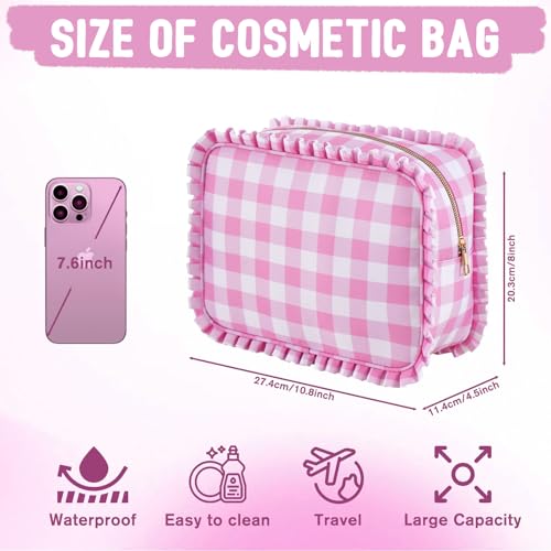 Gingham Ruffle Makeup Bag,Large Travel Cute Cosmetic Bag for Women Girls,Toiletry Bag Make up Organizer 10.8 x 4.5 x 8 inch (Pink Gingham)