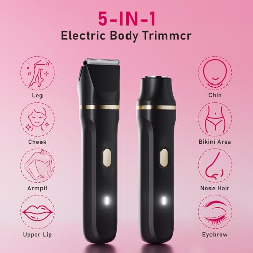 Electric Razors for Women, Valentines Day Gifts 5-in-1 Wet/Dry Bikini Trimmer with USB Charge Dock, Deluxe Facial Hair Removal, Wet/Dry Body Shaver for Nose Eyebrows Beard Underarm Leg Arm (Black)