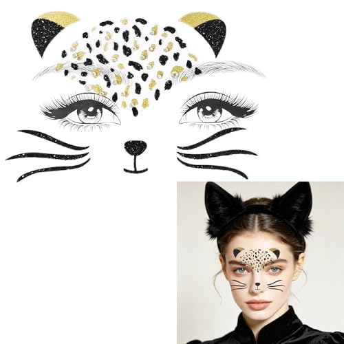 Cat Face Gems Rhinestone Stickers – Black & Gold Patterns