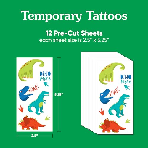 Roar Dinosaur Temporary Tattoos for Kids, 12 Sheets