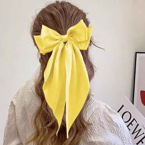 Large Satin Bow Barrettes Clips in Yellow - Hair Accessories for Women