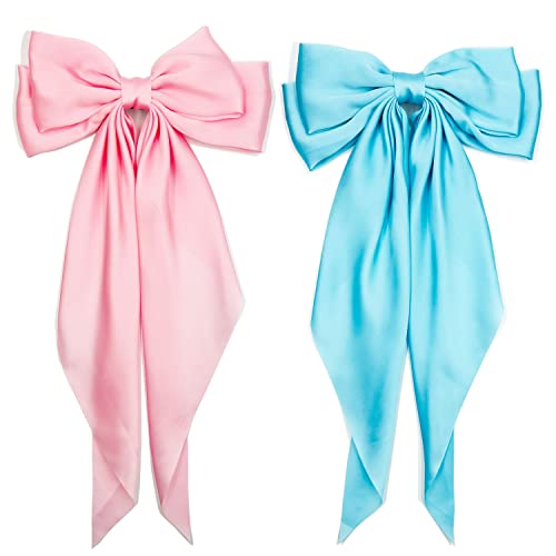 Satin Hair Barrettes Clip for Women Large Bow Hair Slides Metal Clips French Barrette Bowknot with Long Tail Silk Hair Bow Hairpin 90's Hair Accessories (Azure+Pink)