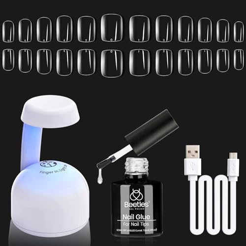 Beetles Gel Nail Tips Kit Square 500Pcs Pre-shaped Extra Short Square Nail Tips with 5 in 1 Mutipurpose Glue Gel Base Uv Led Nail Lamp Clear Full Cover Gell Tips DIY Manicure Art