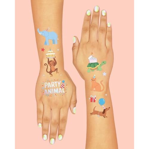 xo, Fetti Party Animal Birthday Party Temporary Tattoos - 60 Foil Styles | Safari Birthday Decorations, Wild Rainbow Kids Accessory, Wild One Elephant Theme Favors, Baby Shower Supplies