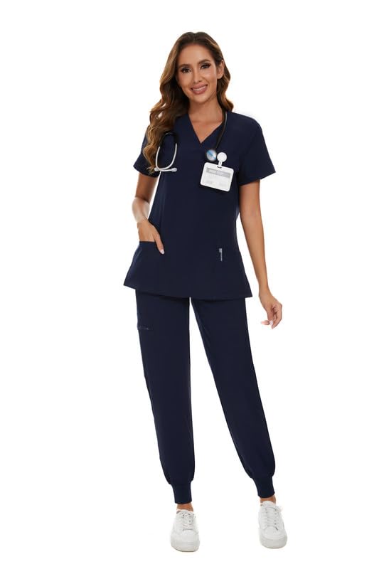 COZYFIT Scrubs for Women Set - Stretch V-Neck Scrub Top & Jogger Pant with 8 Pockets, Yoga Waistband, Anti Wrinkle, Slim Fit Women Scrubs - Navy Blue, XS