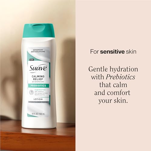 Suave Calming Relief Hand & Body Lotion for Women With Prebiotics For Sensitive Skin, Fragrance & Allergen Free, Helps Restore Skin's Moisture Barrier, 18 FL OZ, 6 Pack