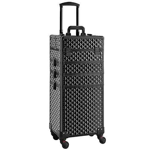 Rolling Makeup Case 4 in 1,Professional Makeup Train Case organizers,Large Storage Cosmetic case Trolley,Makeup Travel Case for Salon Barber Bright Black