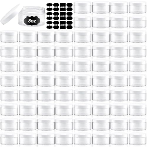 Dandat 72 Pcs 8 oz Plastic Jar Container with Lid and Label Refillable Empty Round White PET Cosmetic Sample Slime Containers for Lotion, Cream, Ointments, Body Butter, Makeup, Travel Storage