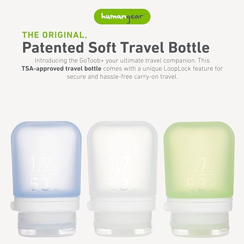 humangear GoToob+ Refillable Silicone Travel Size Bottles with Locking Cap for Women, Men, Toiletries, Beauty, Cosmetics, 3pk Set, Small (1.7oz), Clear/Green/Blue,HG3181