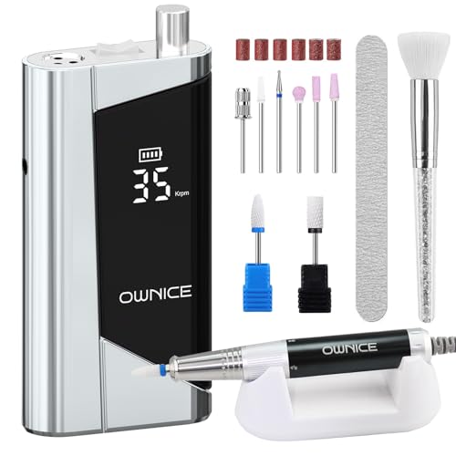 OWNICE Cordless Electric Nail Drill 35000RPM for Manicure & Pedicure Sky Silver