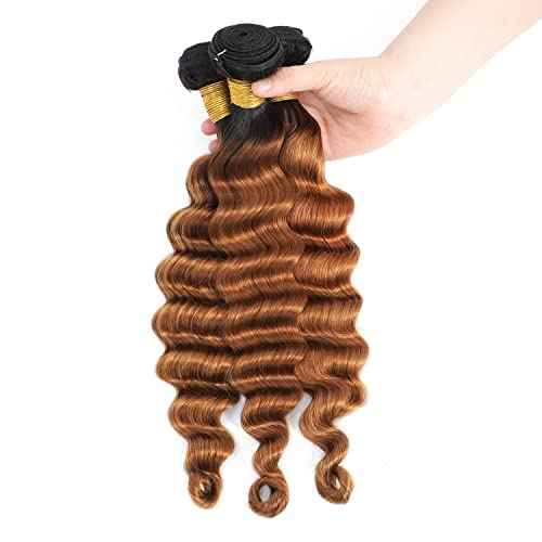 Ombre Loose Deep Wave Bundles Human Hair 1B/30 Unprocessed Brazilian Virgin Human Hair 3 Bundles Two-tone Dark Root Loose Wavy Curly Bundles For Women (T1B/30,12 14 16)