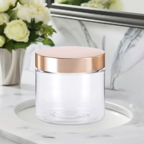 (6 Pack) 8 oz Clear PET Plastic Jar with Luxury Gold Metal Overshell Lid Refillable Storage Airtight
