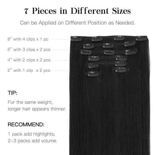 HOTBANANA Human Hair Clip in Hair Extensions, Natural Black 120g Clip in Hair Extensions Real Human Hair Straight Remy Hair 22 Inch 7pcs