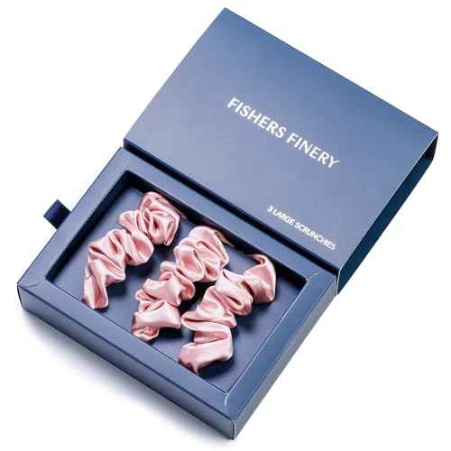 Fishers Finery Large Silk Scrunchies, 25 Momme Pure Mulberry Silk - Hair Tie Set, Anti-Frizz and Damage (Pink 3 PK)