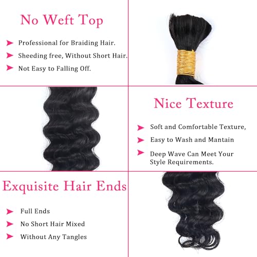 Black Deep Wave Human Braiding Hair 16 Inch Bulk for Boho & Knotless Braids - 1 Bundle