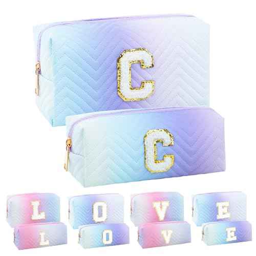 2-Pack Quilted Makeup Bag Set ? Cute Cosmetic Pouch for Travel, Toiletries, Purse & Organizer ? Large Small Zipper Makeup Bags, Personalized Initial Gift for Women, Teens, Girls, Purple C