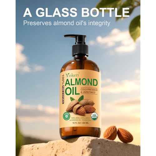 Organic Almond Oil 16 fl oz, USDA 100% Pure Cold Pressed Almond Oils in Glass Bottle, Natural Moisturizer for Face, Hair & Body, Ideal Carrier Oil for Skin Care, DIY Beauty & Soothing Massage
