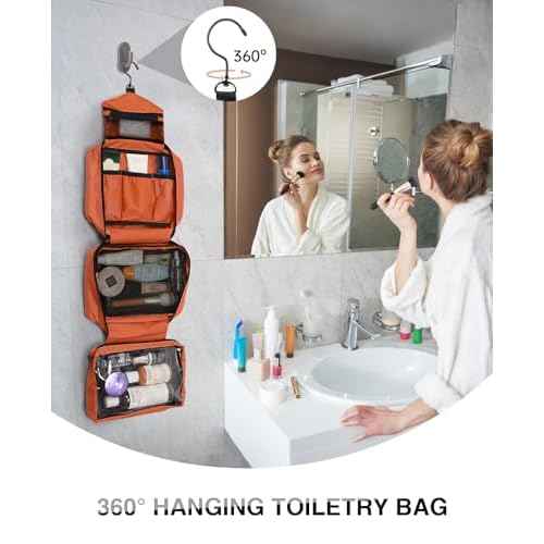 Travel Toiletry Bag for Women Men - Portable Large Hanging Organizer Makeup Bag for Cosmetic, Shampoo, Conditioner, Brushes Set, Cosmetic Travel Accessories Essentials, Orange