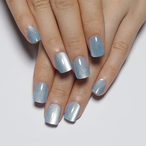 Stbisen M02-Aurora Mist Light Blue Press On Nails – Short Cat Eye Square 30pcs